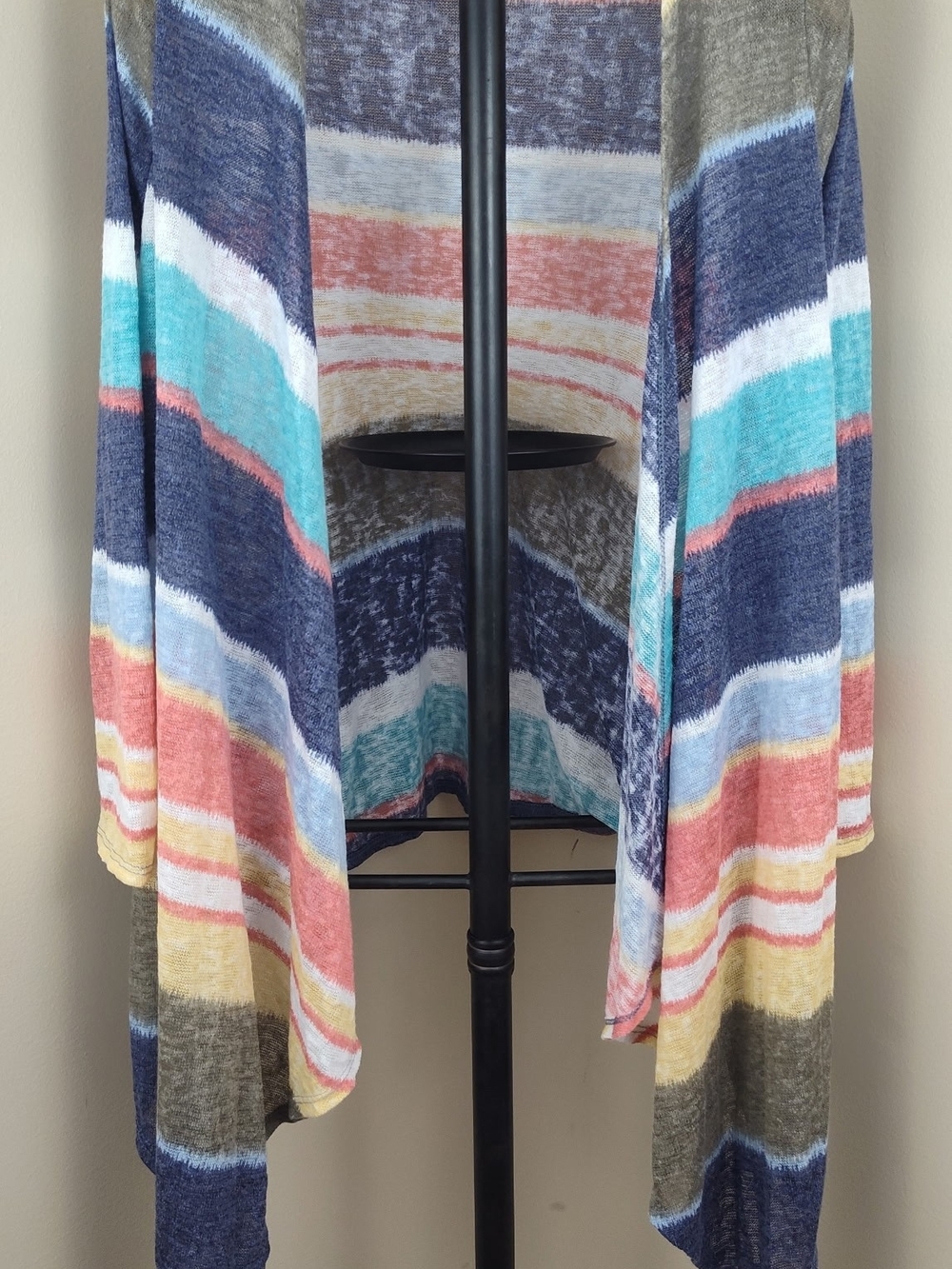 white birch Striped Open-Front Cardigan in Navy, Teal, Coral & Yellow